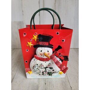 Metal paper bag snowman tea light candle holder Xmas glitter